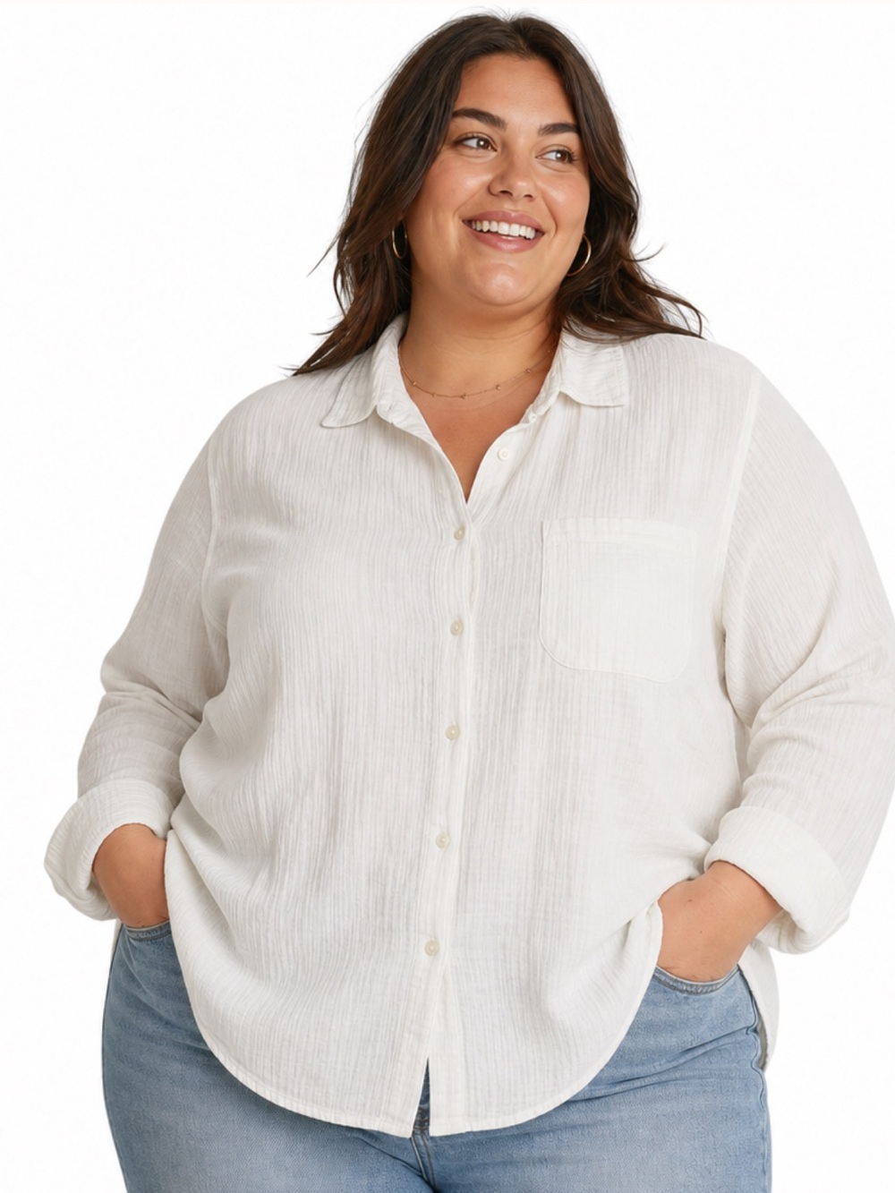 💕Women Plus 2X White Crinkle Gauze Button Down Top 3/4 Sleeves Relaxed Boho EUC